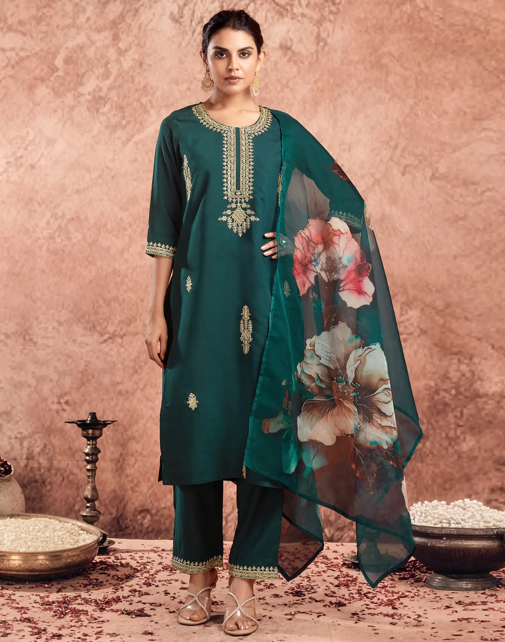 Silk Embroidered Straight 3 Piece Kurta Set