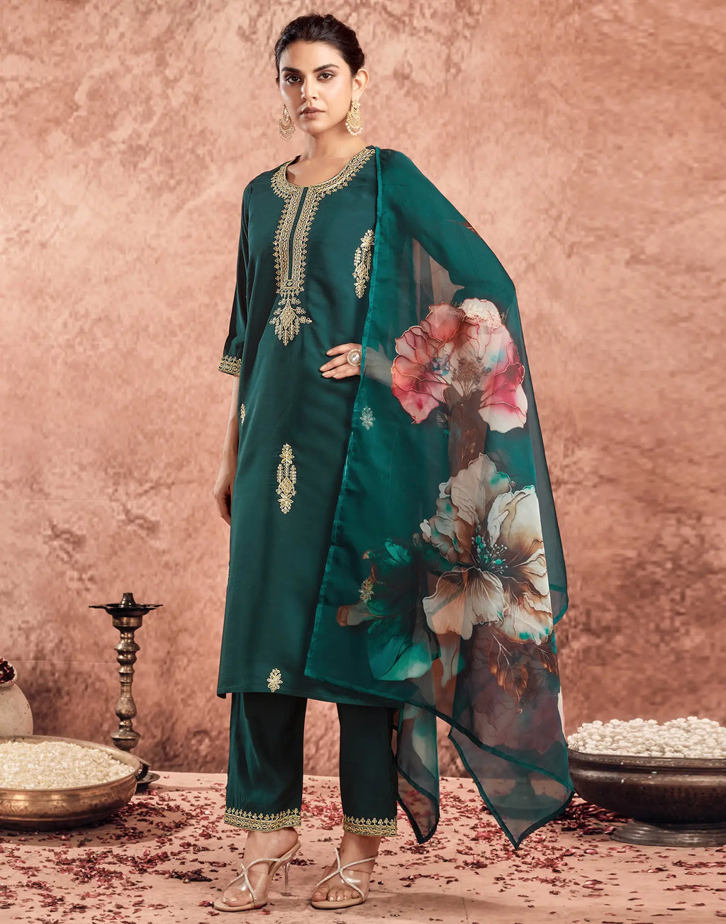 Silk Embroidered Straight 3 Piece Kurta Set