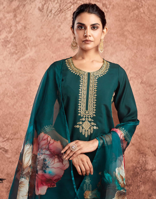 Silk Blend Embroidered Straight Kurta with Pant & Dupatta