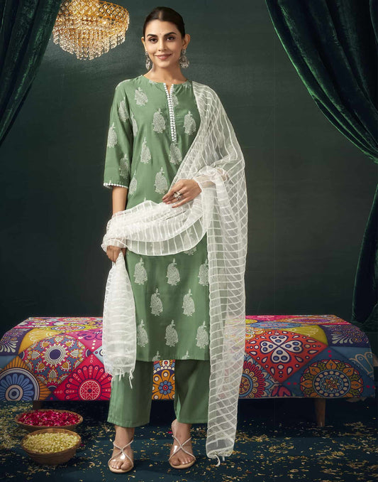 Silk Blend Printed Straight Kurta with Pant & Dupatta