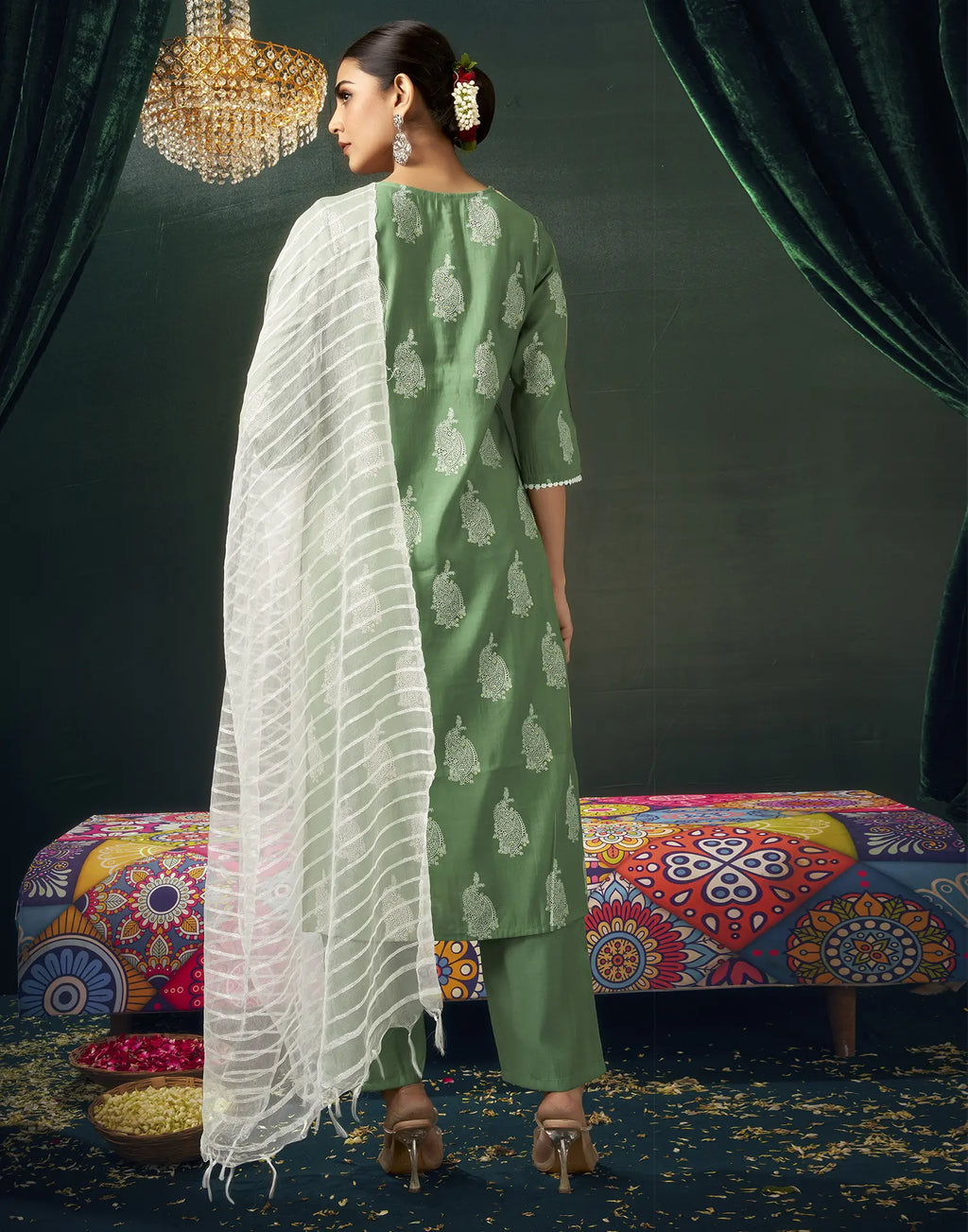Silk Blend Foil Print Straight 3 Piece Kurta Set