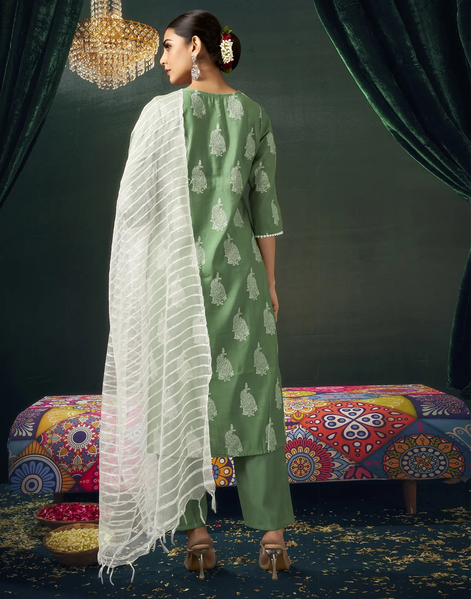 Silk Blend Foil Print Straight 3 Piece Kurta Set