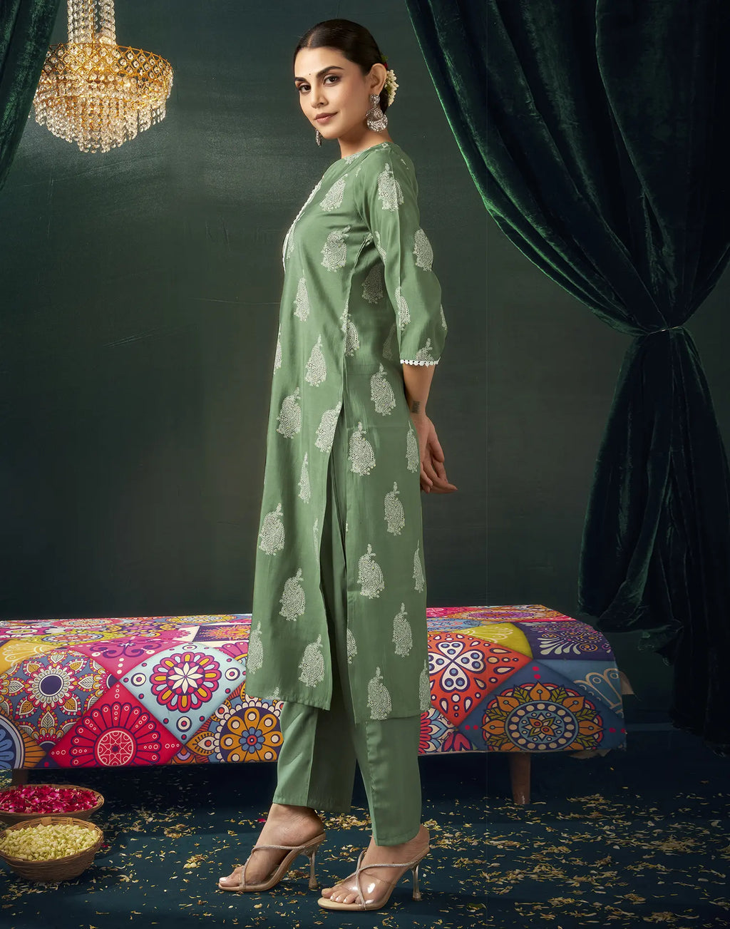 Silk Blend Foil Print Straight 3 Piece Kurta Set