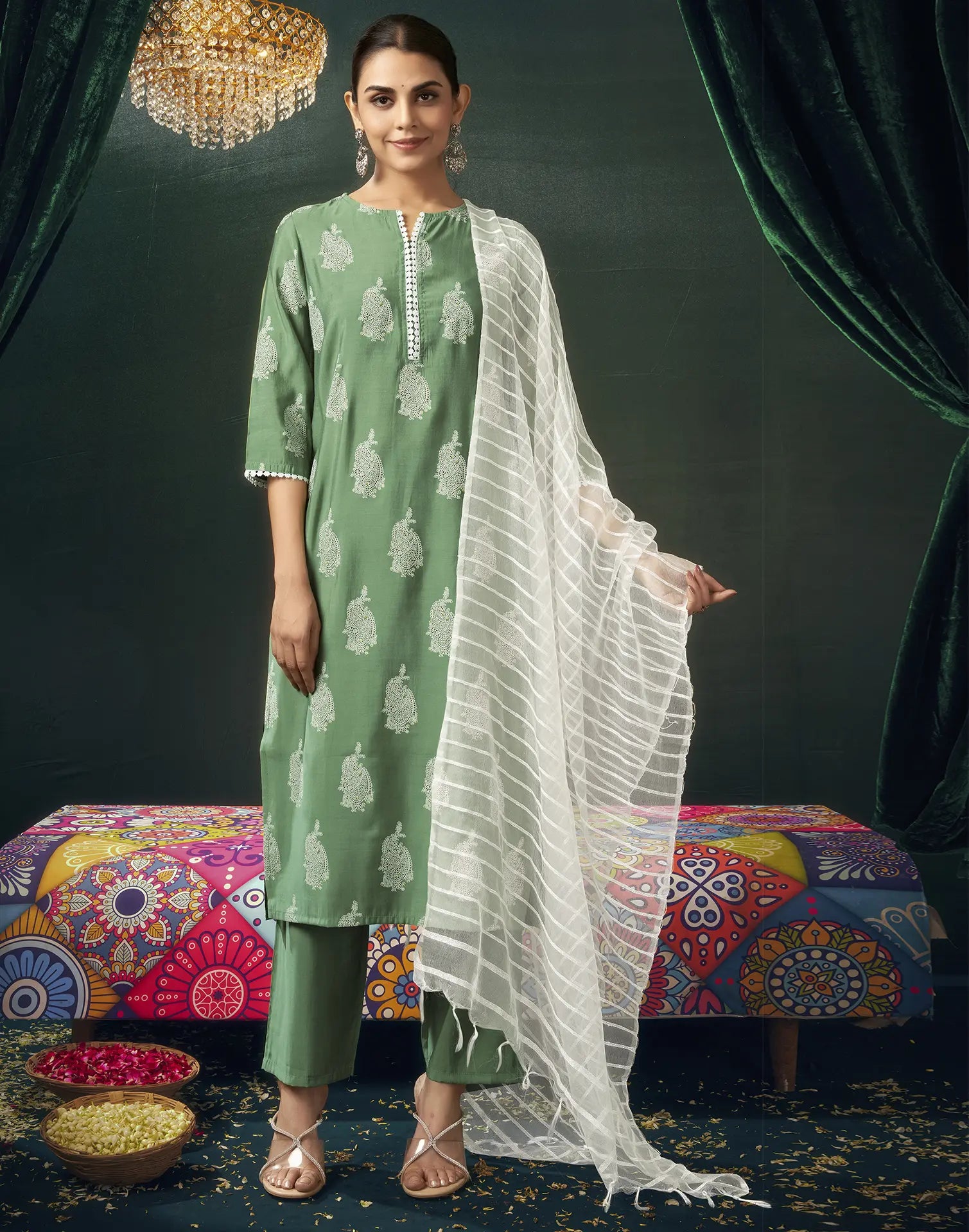 Silk Blend Foil Print Straight 3 Piece Kurta Set