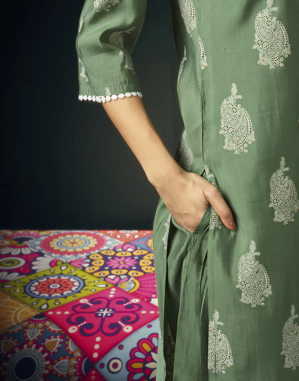 Silk Blend Foil Print Straight 3 Piece Kurta Set