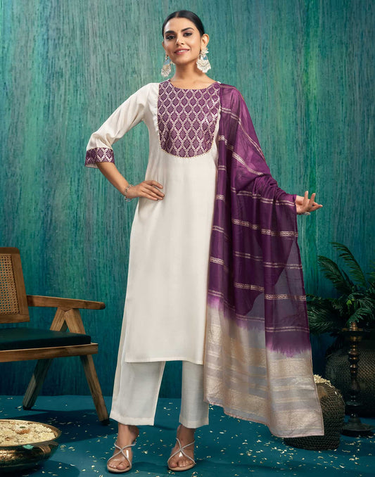 Silk Blend Woven Straight Kurta with Pant & Dupatta