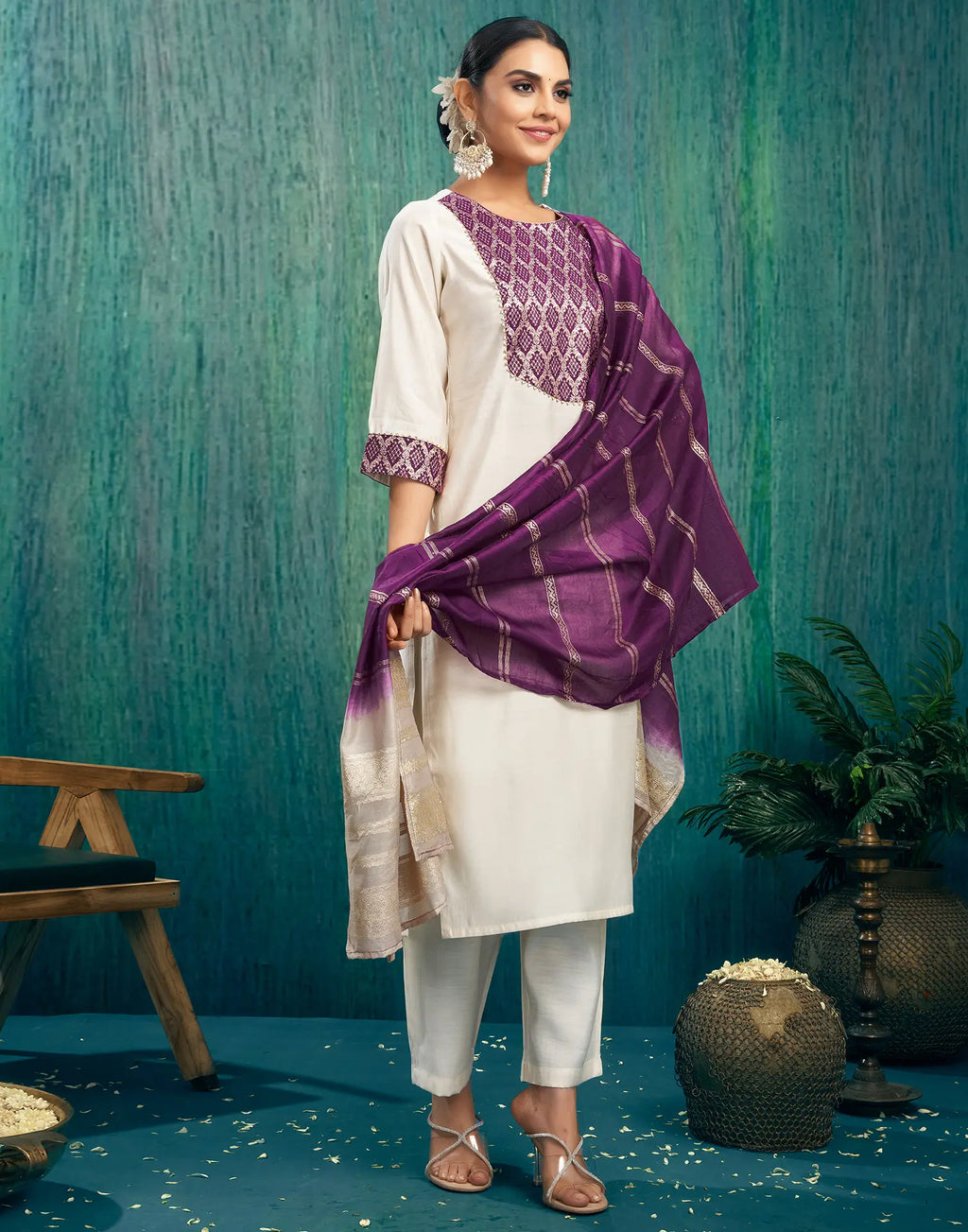 Silk Blend Woven Straight 3 Piece Kurta Set
