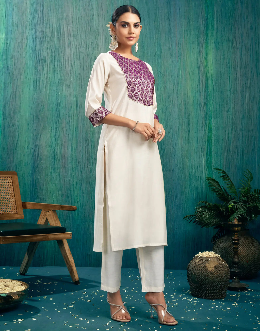 Silk Blend Woven Straight 3 Piece Kurta Set