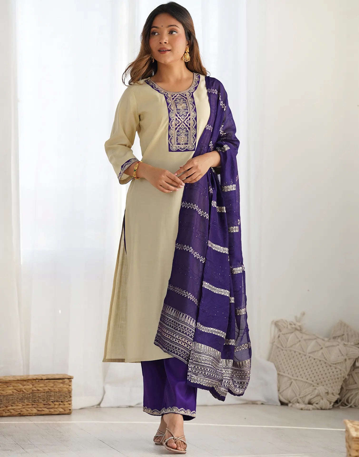 Silk Blend Embroidered Straight 3 Piece Kurta Set