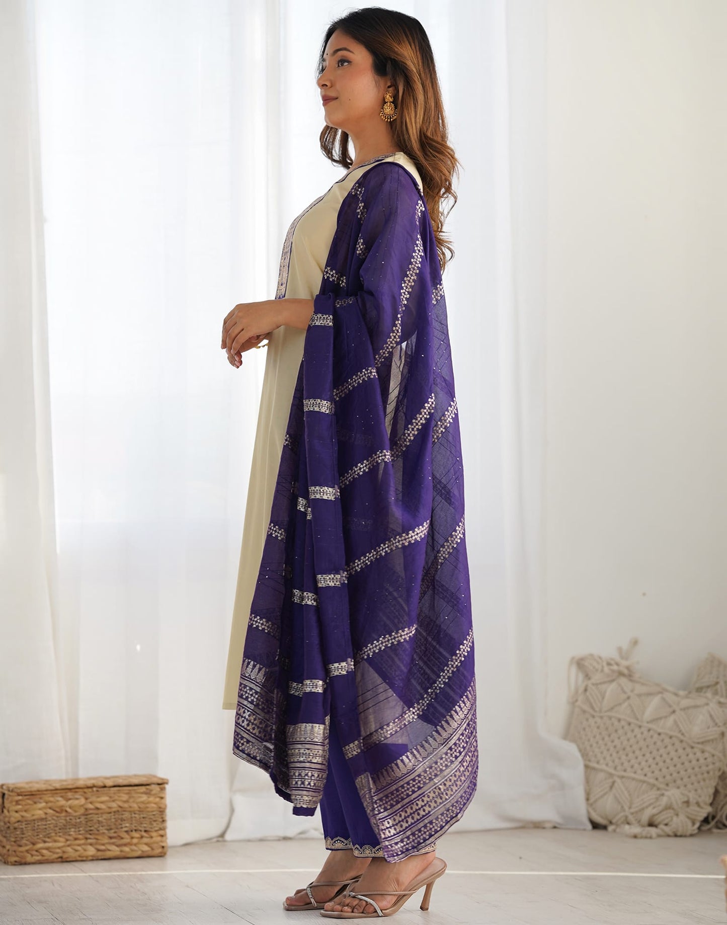 Silk Blend Sequence Embrodery Straight Kurta with Pant & Dupatta