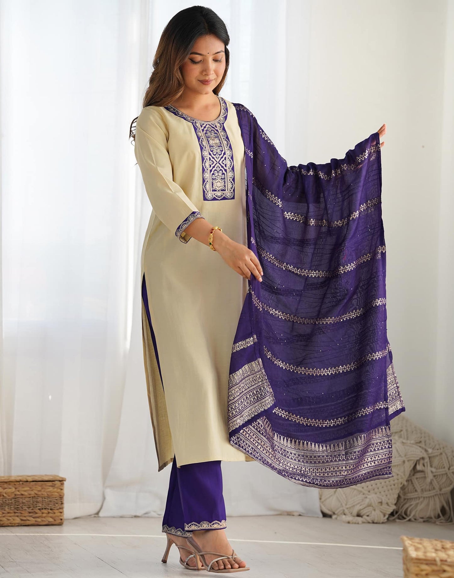 Silk Blend Sequence Embrodery Straight Kurta with Pant & Dupatta