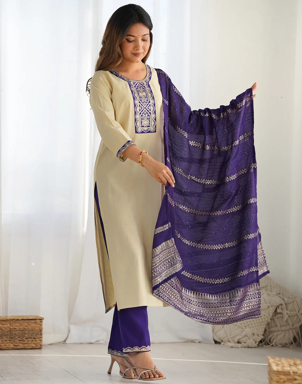 Silk Blend Embroidered Straight 3 Piece Kurta Set