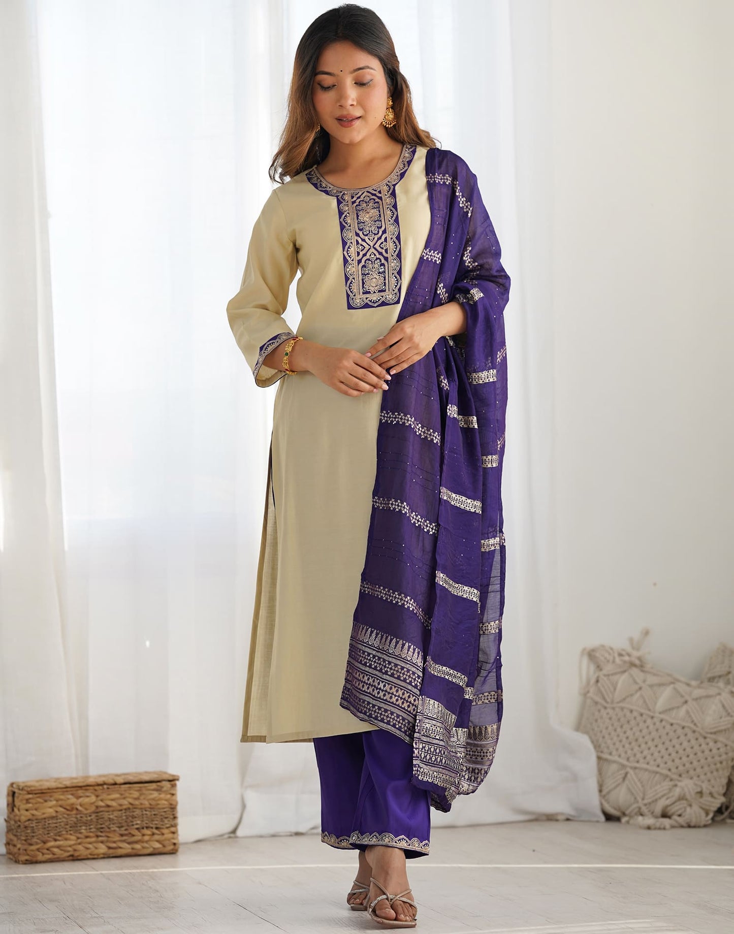 Silk Blend Sequence Embrodery Straight Kurta with Pant & Dupatta