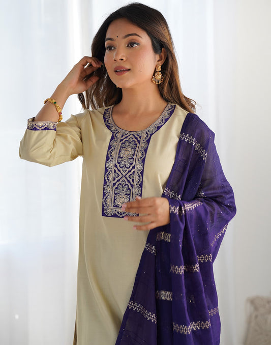 Silk Blend Sequence Embrodery Straight Kurta with Pant & Dupatta