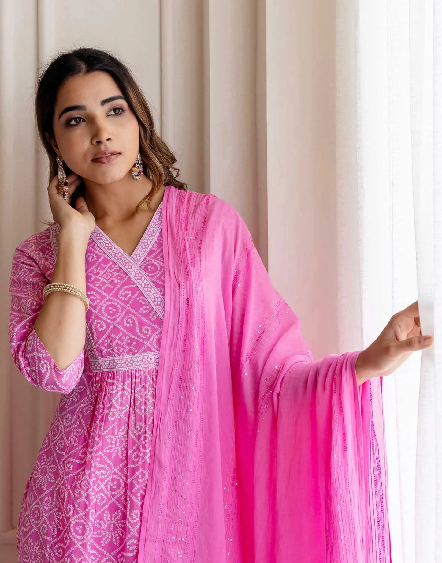 Skylee Pink Cotton Printed Anarkali Kurta Set for Women