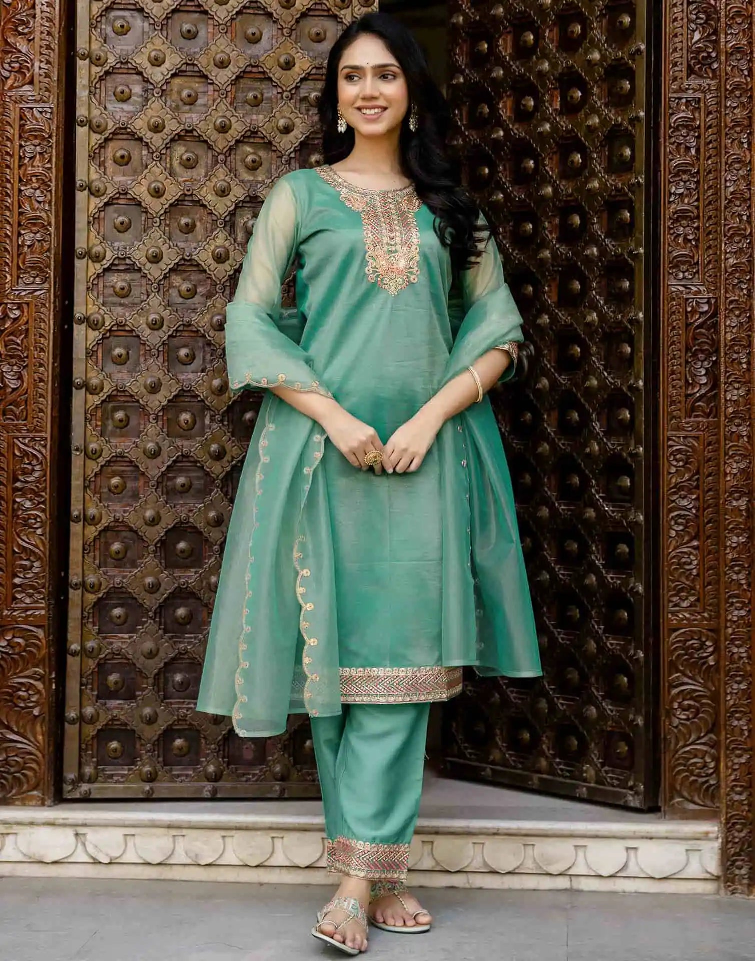Skylee Light Green Organza Embroidered Straight Kurta Set for Women