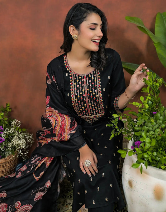 Chinnon Embroidered Straight Round Neck Kurta with Pant & Dupatta