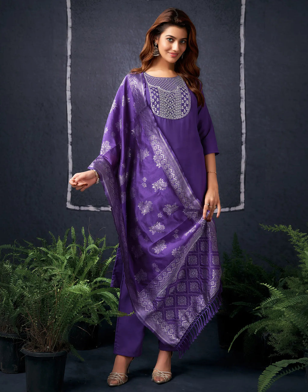 Cotton Blend Embroidered Straight 3 Piece Kurta Set