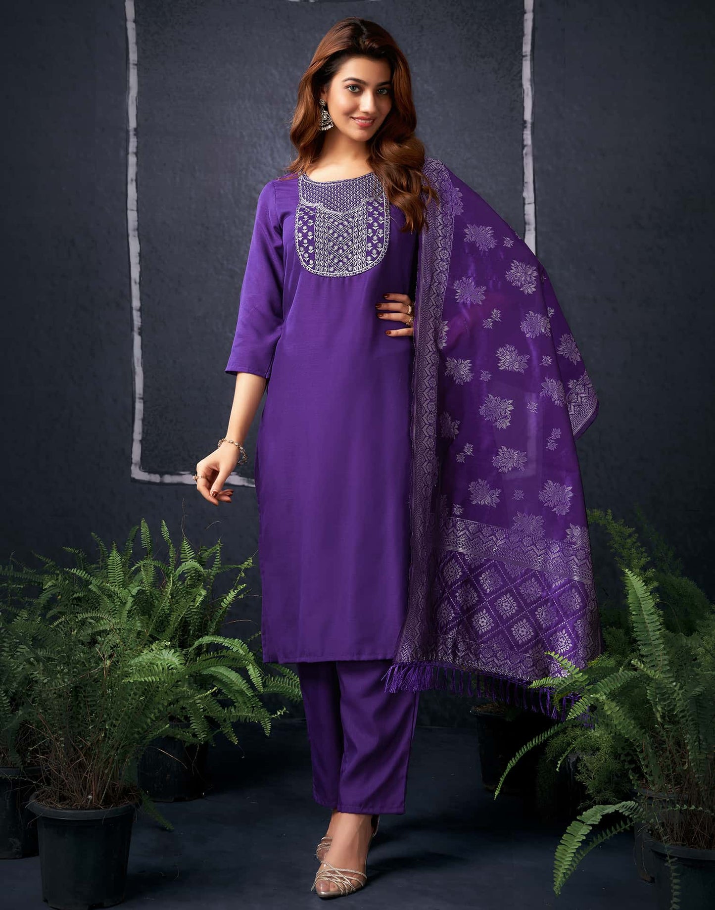 Cotton Blend Sequence, Embroidery Straight Kurta with Pant & Dupatta
