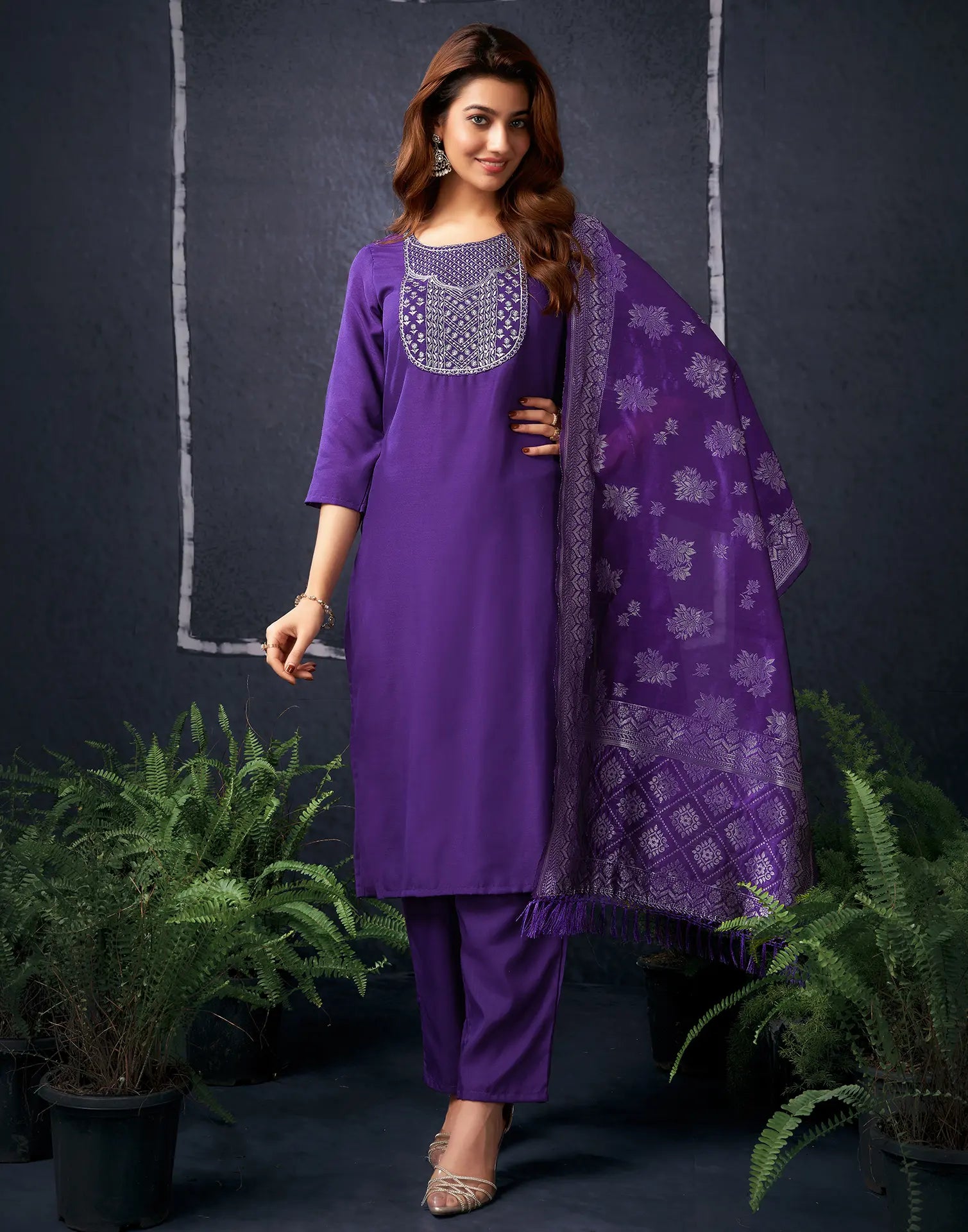 Cotton Blend Embroidered Straight 3 Piece Kurta Set