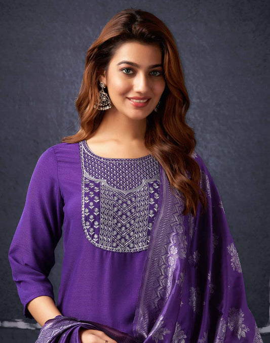 Cotton Blend Sequence, Embroidery Straight Kurta with Pant & Dupatta