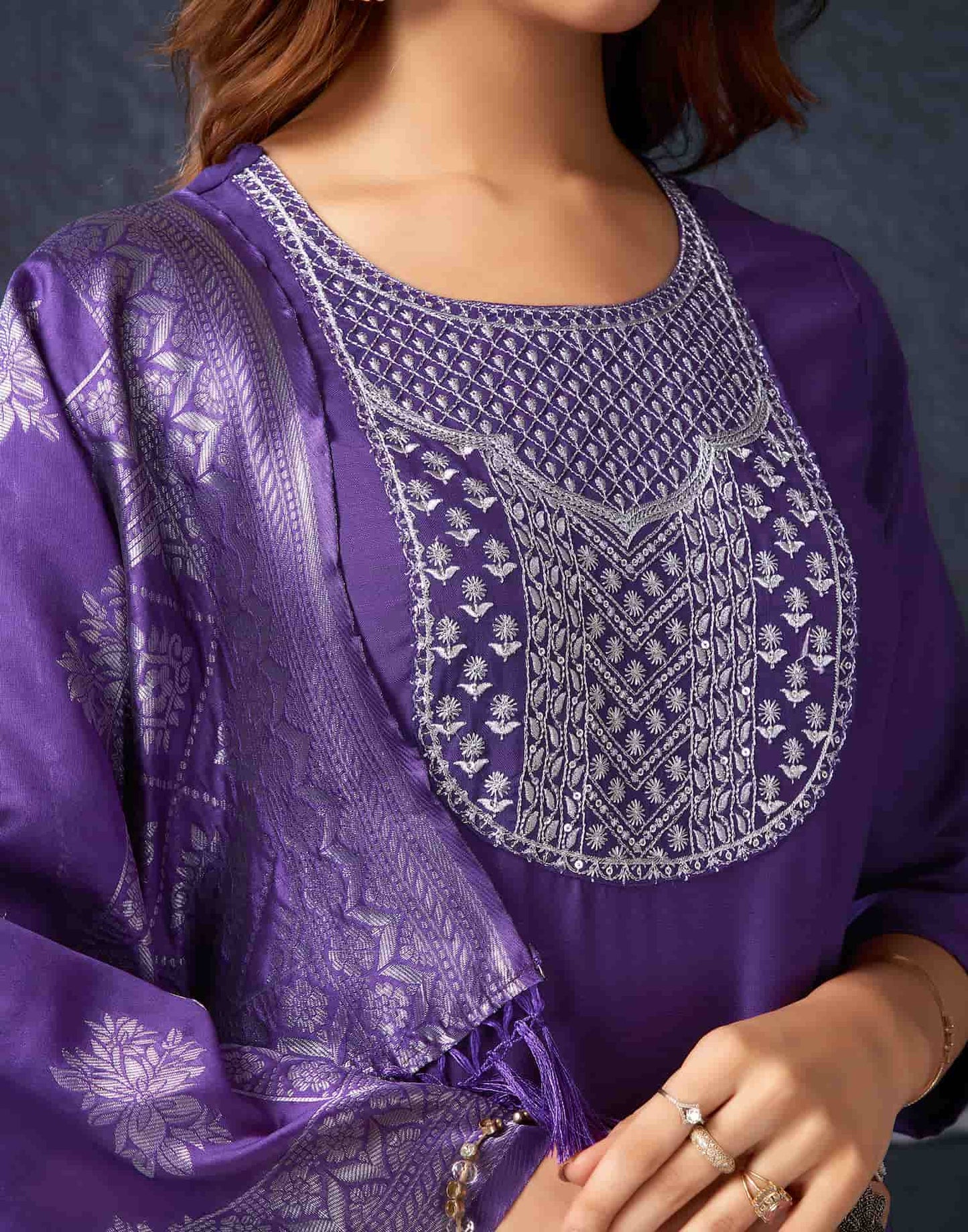 Cotton Blend Sequence, Embroidery Straight Kurta with Pant & Dupatta