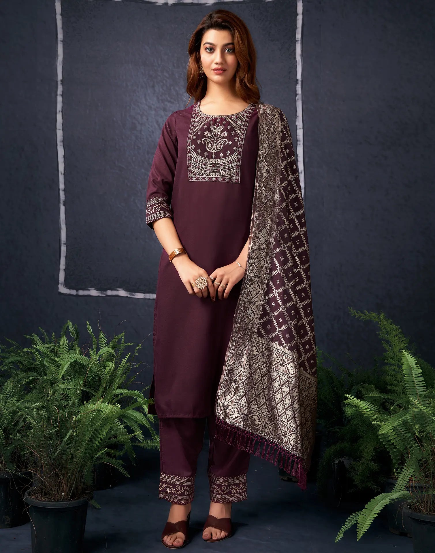 Cotton Blend Embroidered Straight 3 Piece Kurta Set