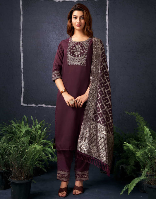 Cotton Blend Sequence Embroidery, Foil Print and Gota Lace Straight Kurta with Pant & Dupatta