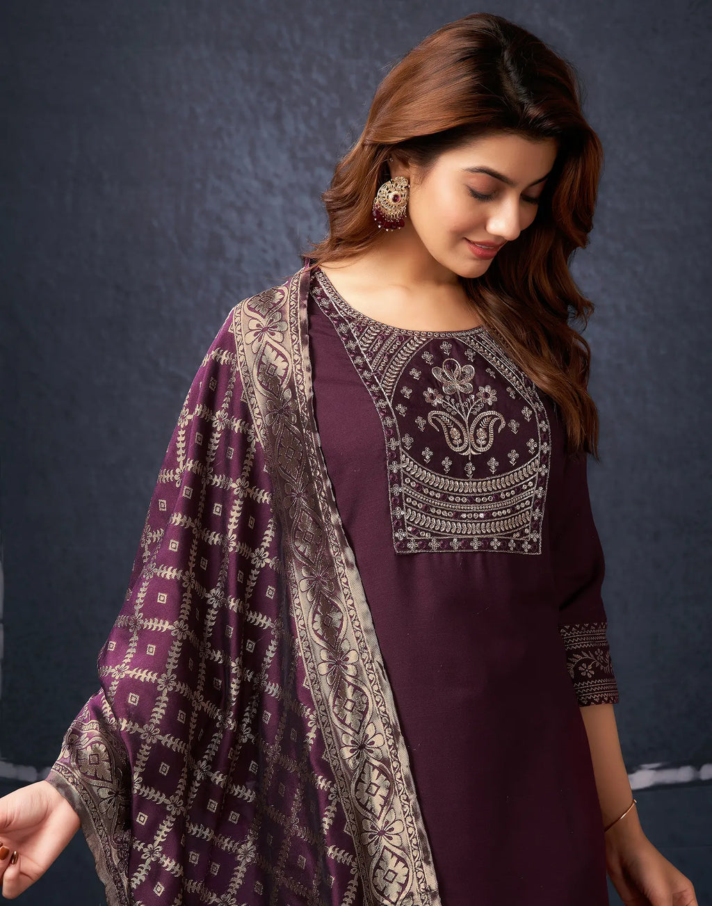 Cotton Blend Embroidered Straight 3 Piece Kurta Set