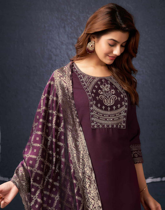 Cotton Blend Sequence Embroidery, Foil Print and Gota Lace Straight Kurta with Pant & Dupatta