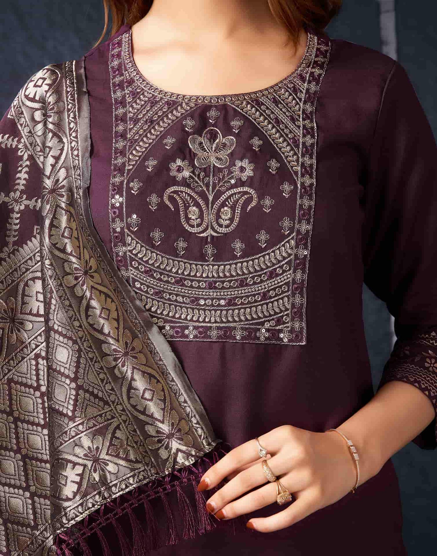 Cotton Blend Sequence Embroidery, Foil Print and Gota Lace Straight Kurta with Pant & Dupatta