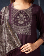 Cotton Blend Embroidered Straight 3 Piece Kurta Set