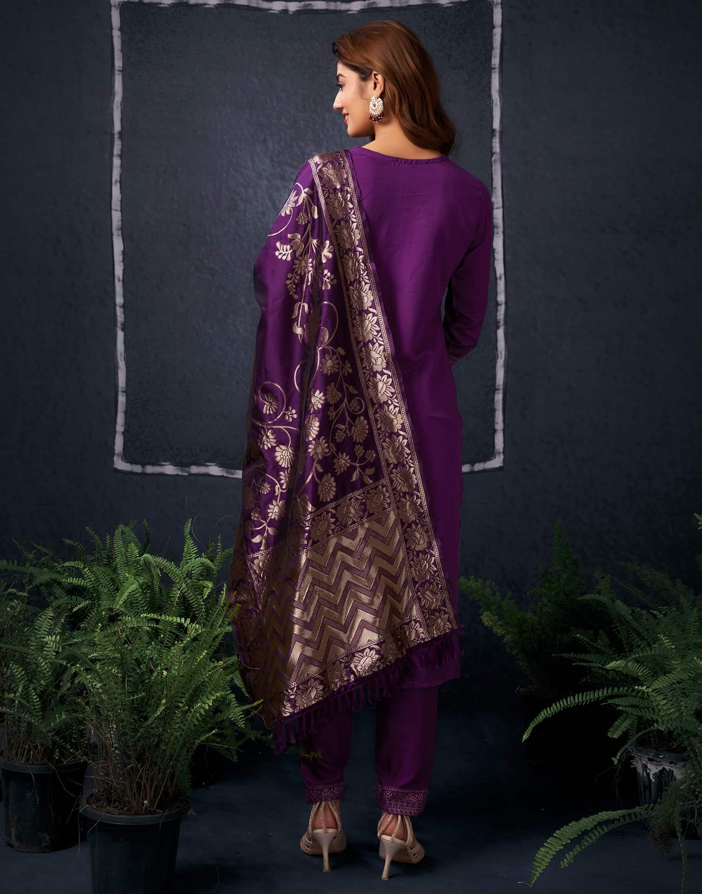 Cotton Blend Sequence Embroidery, Foil Print and Gota Lace Straight Kurta with Pant & Dupatta