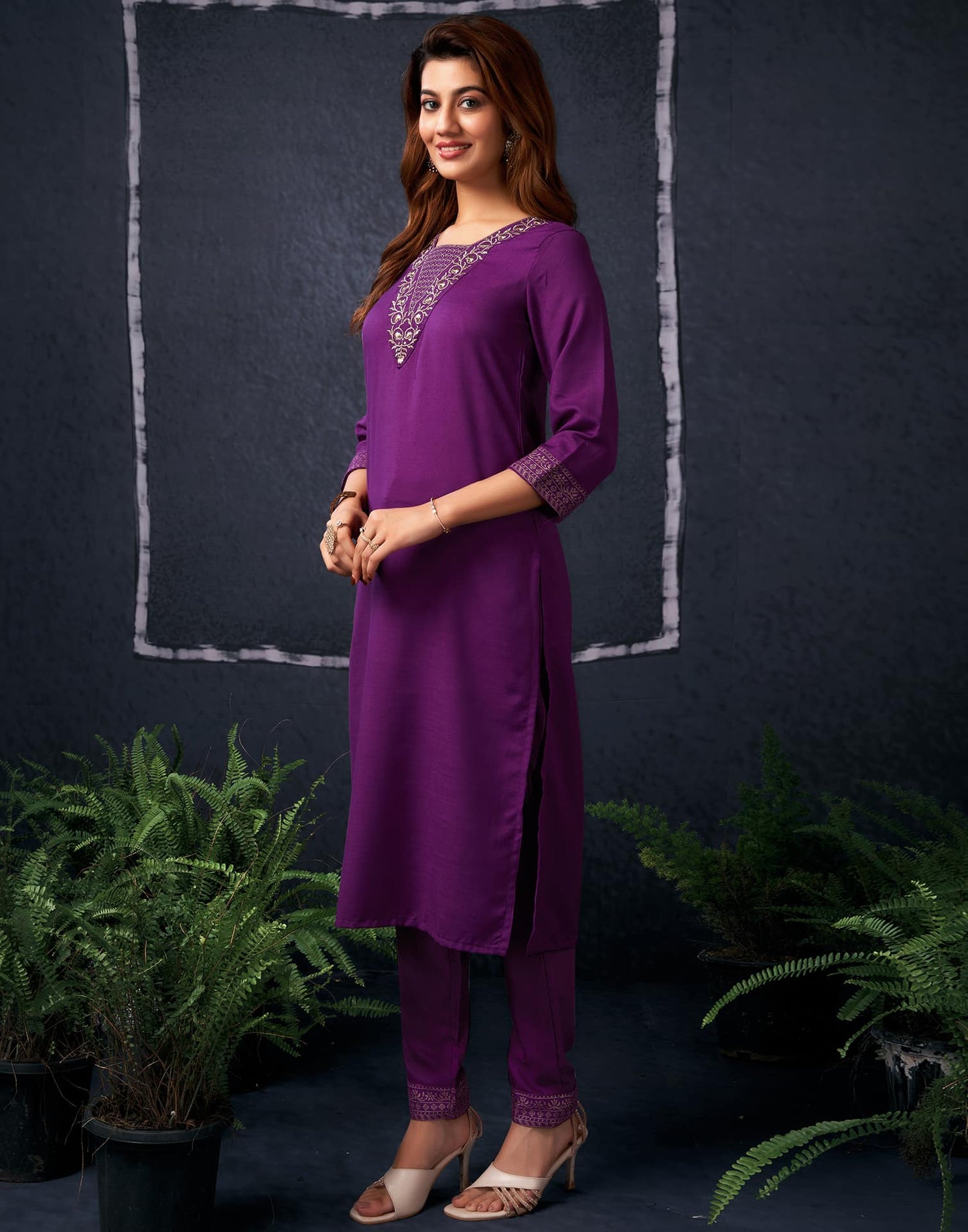 Cotton Blend Sequence Embroidery, Foil Print and Gota Lace Straight Kurta with Pant & Dupatta