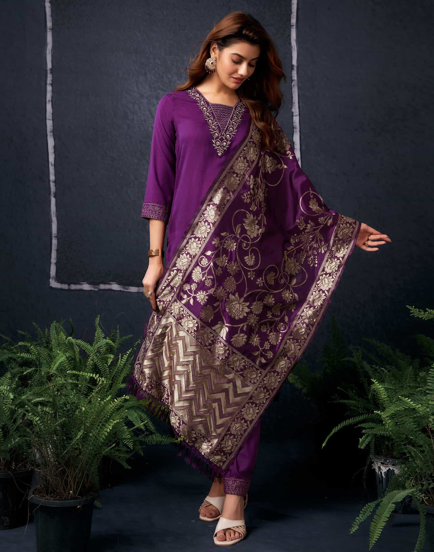 Cotton Blend Sequence Embroidery, Foil Print and Gota Lace Straight Kurta with Pant & Dupatta