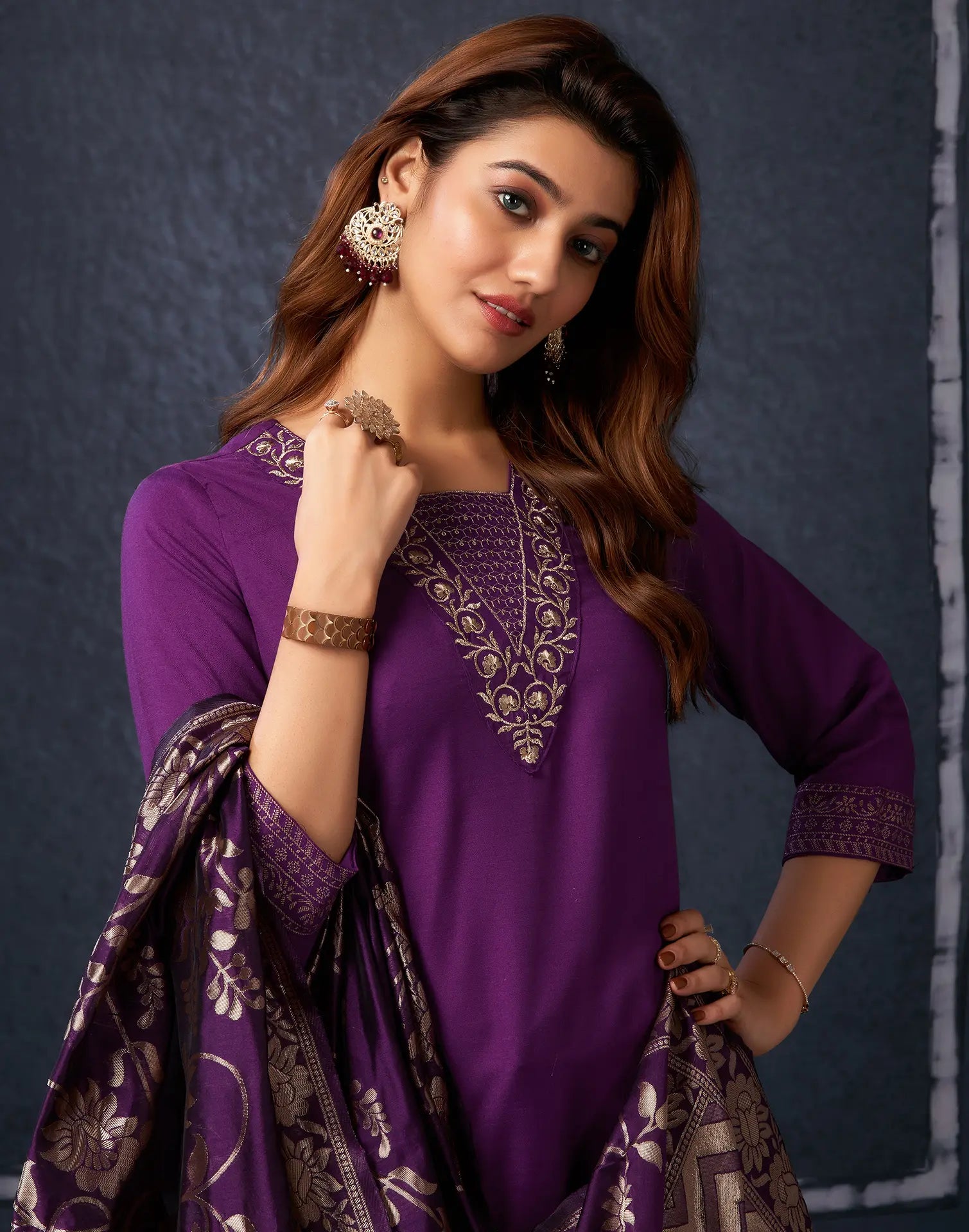 Cotton Blend Embroidered Straight 3 Piece Kurta Set