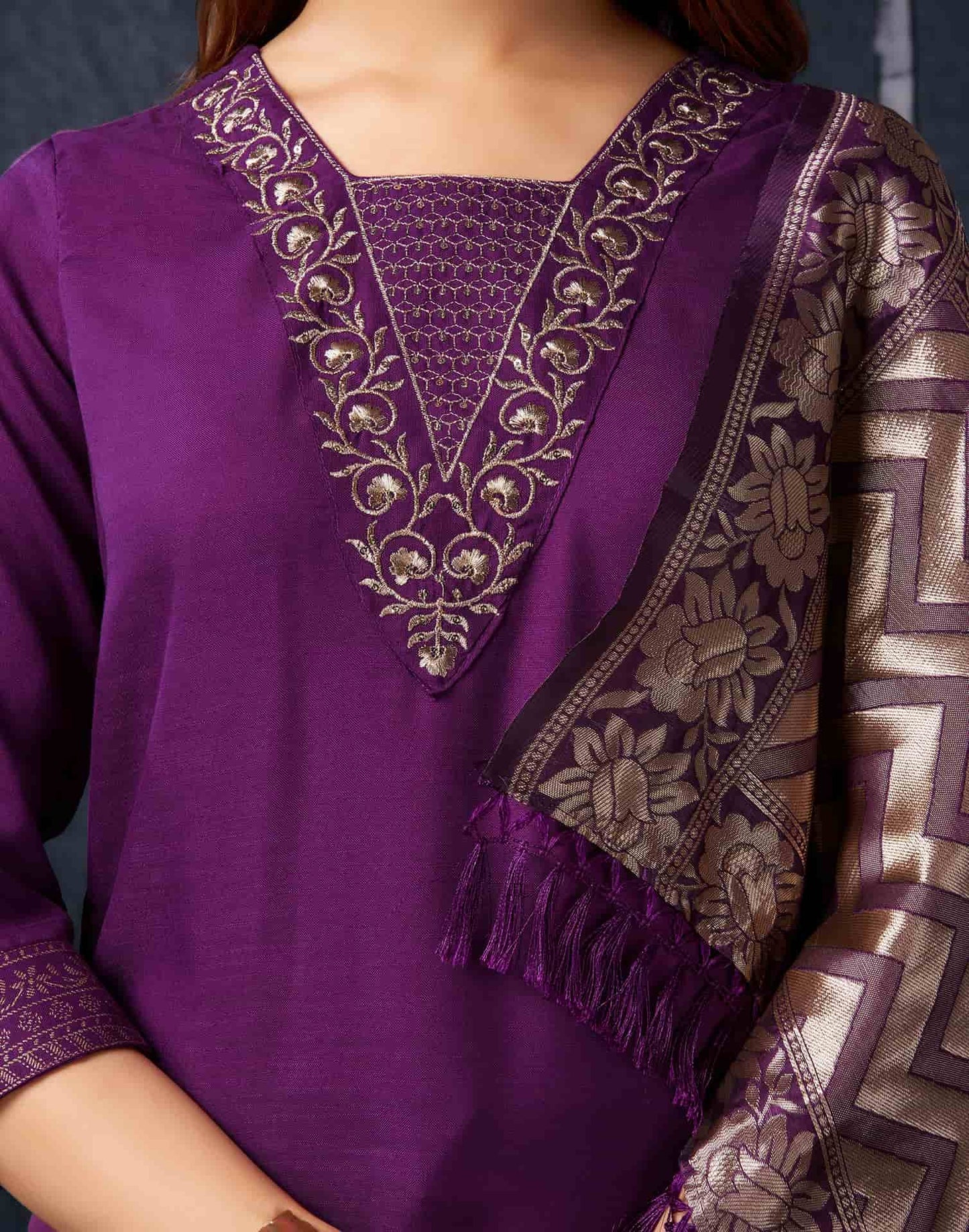 Cotton Blend Sequence Embroidery, Foil Print and Gota Lace Straight Kurta with Pant & Dupatta