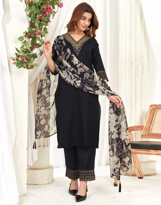 Cotton Blend Sequence Embroidery, Foil Print and Gota Lace Straight Kurta with Pant & Dupatta