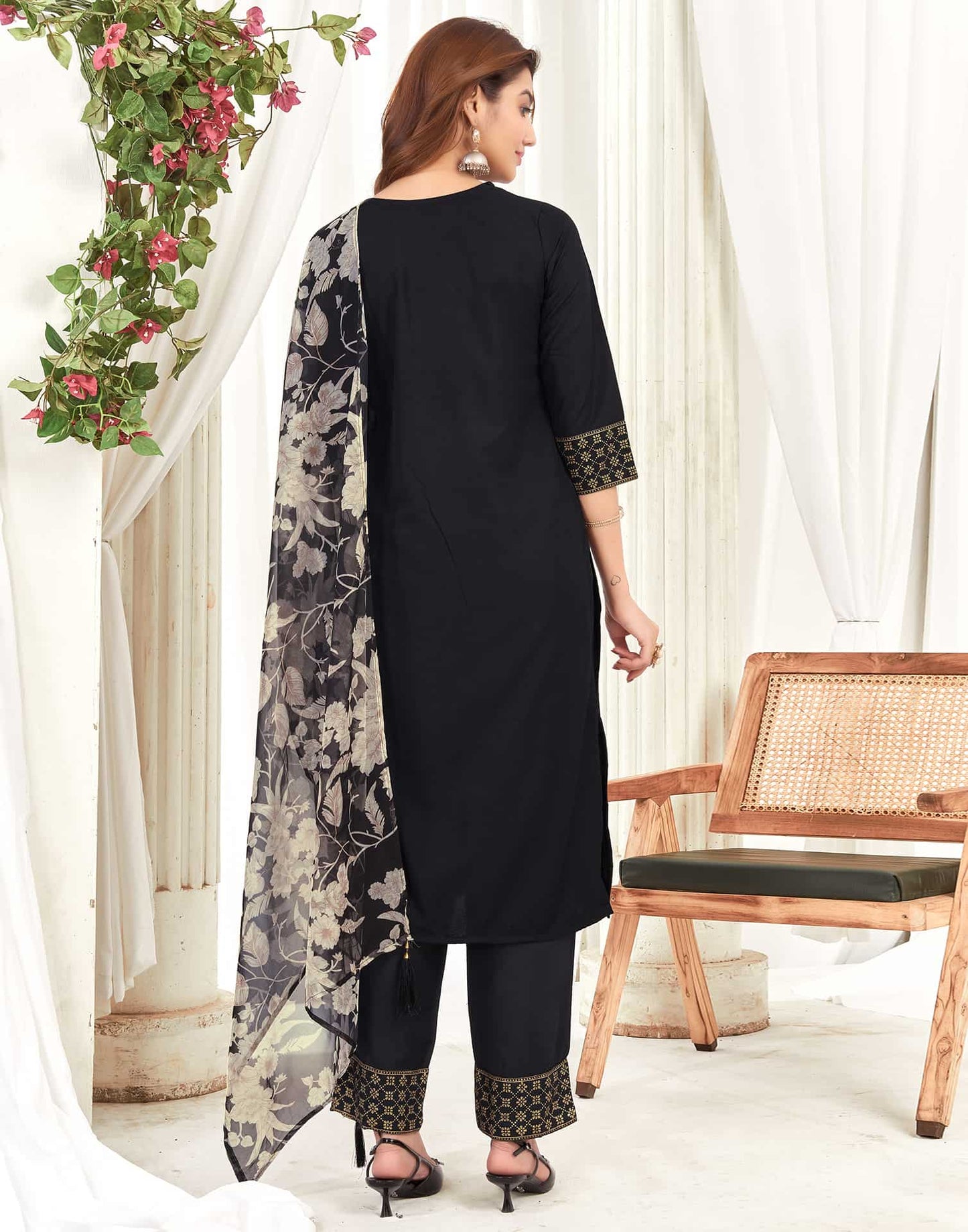 Cotton Blend Sequence Embroidery, Foil Print and Gota Lace Straight Kurta with Pant & Dupatta