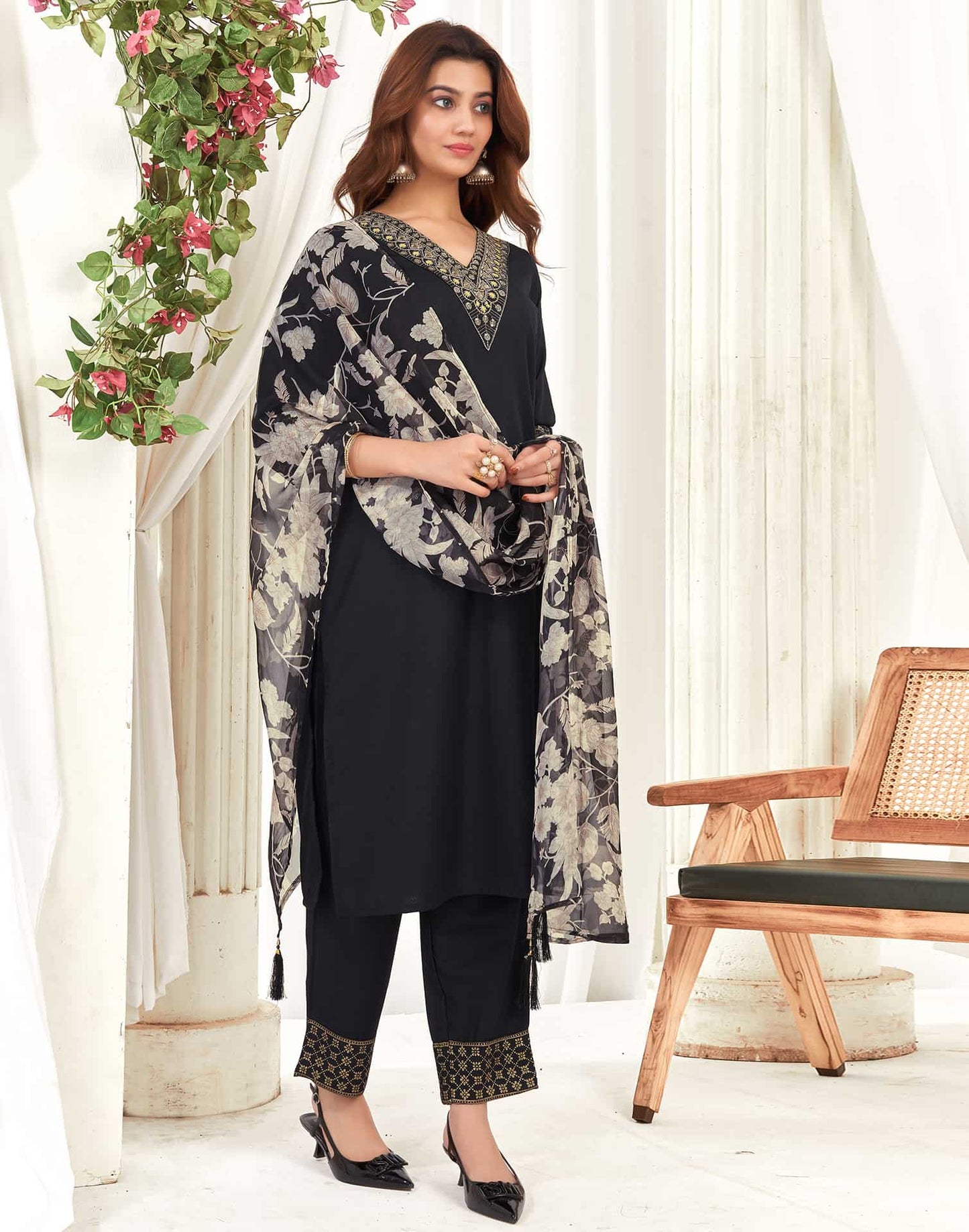 Cotton Blend Sequence Embroidery, Foil Print and Gota Lace Straight Kurta with Pant & Dupatta