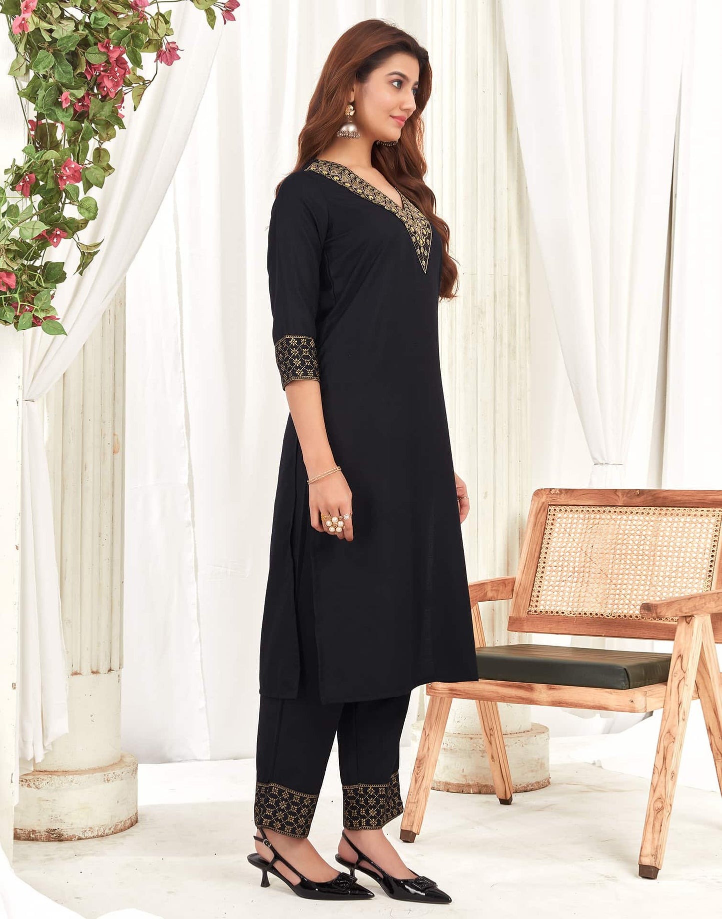 Cotton Blend Sequence Embroidery, Foil Print and Gota Lace Straight Kurta with Pant & Dupatta