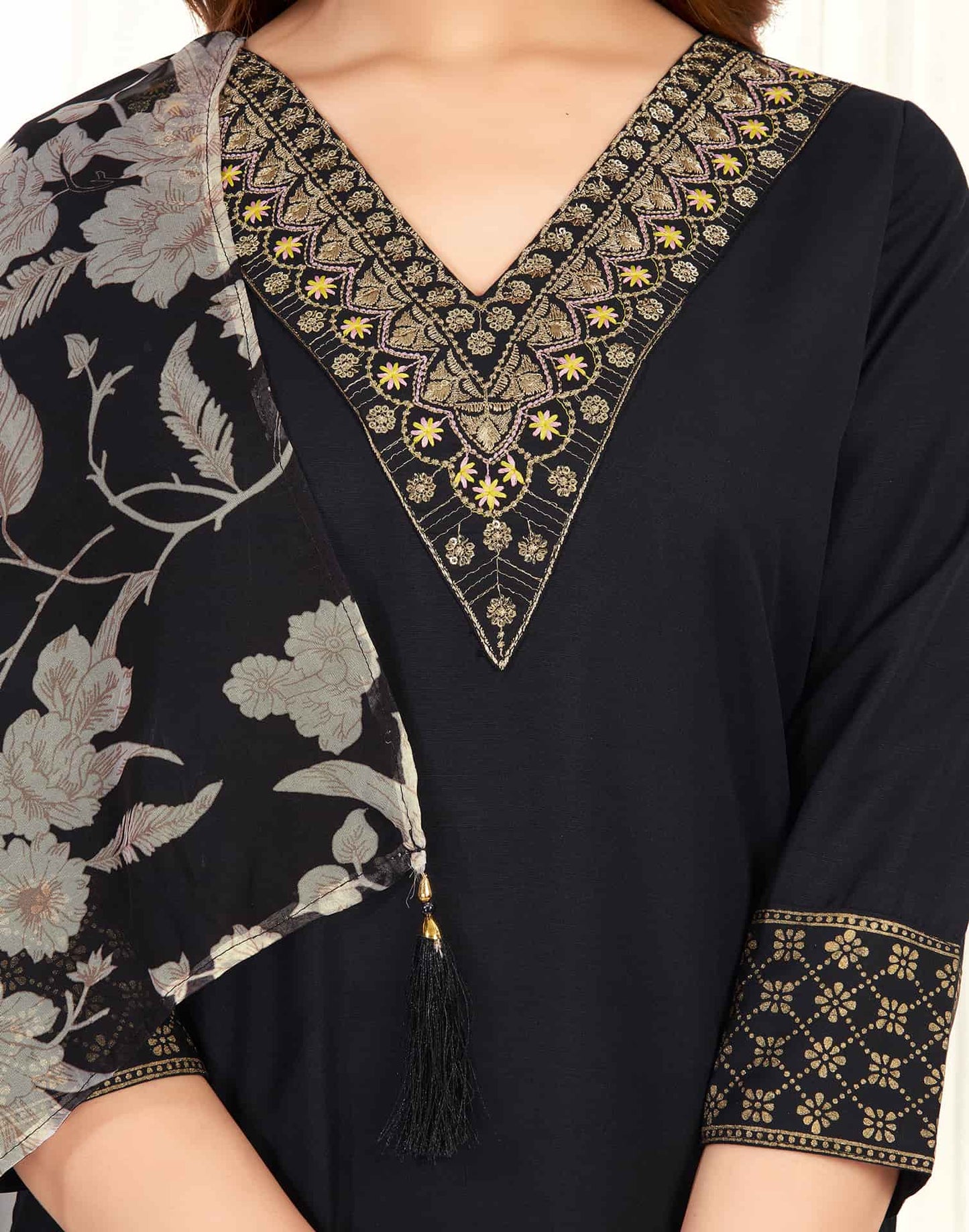Cotton Blend Sequence Embroidery, Foil Print and Gota Lace Straight Kurta with Pant & Dupatta