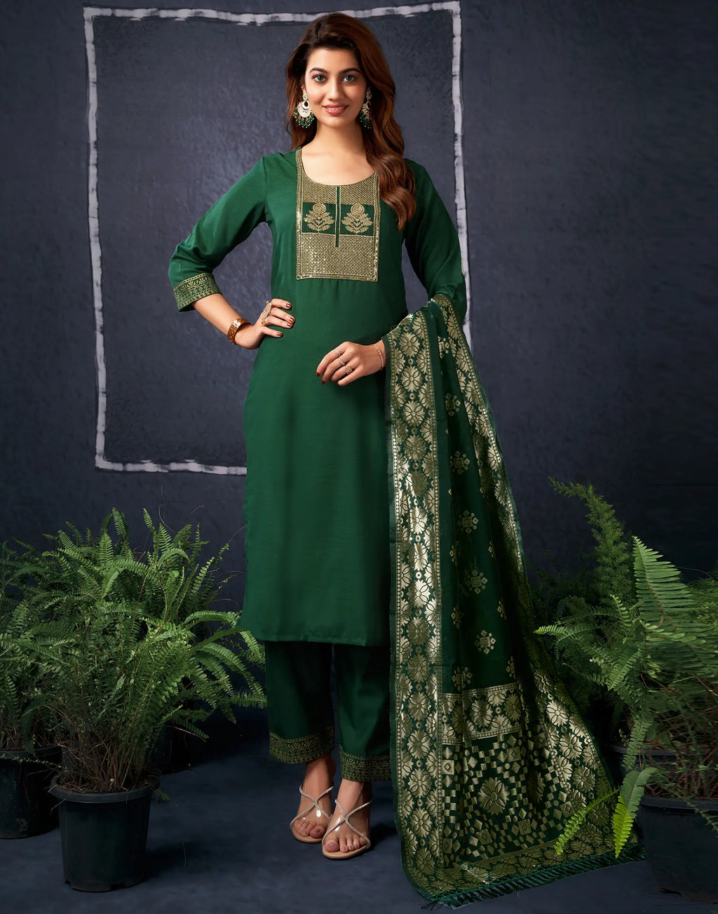 Cotton Blend Embroidered Straight 3 Piece Kurta Set