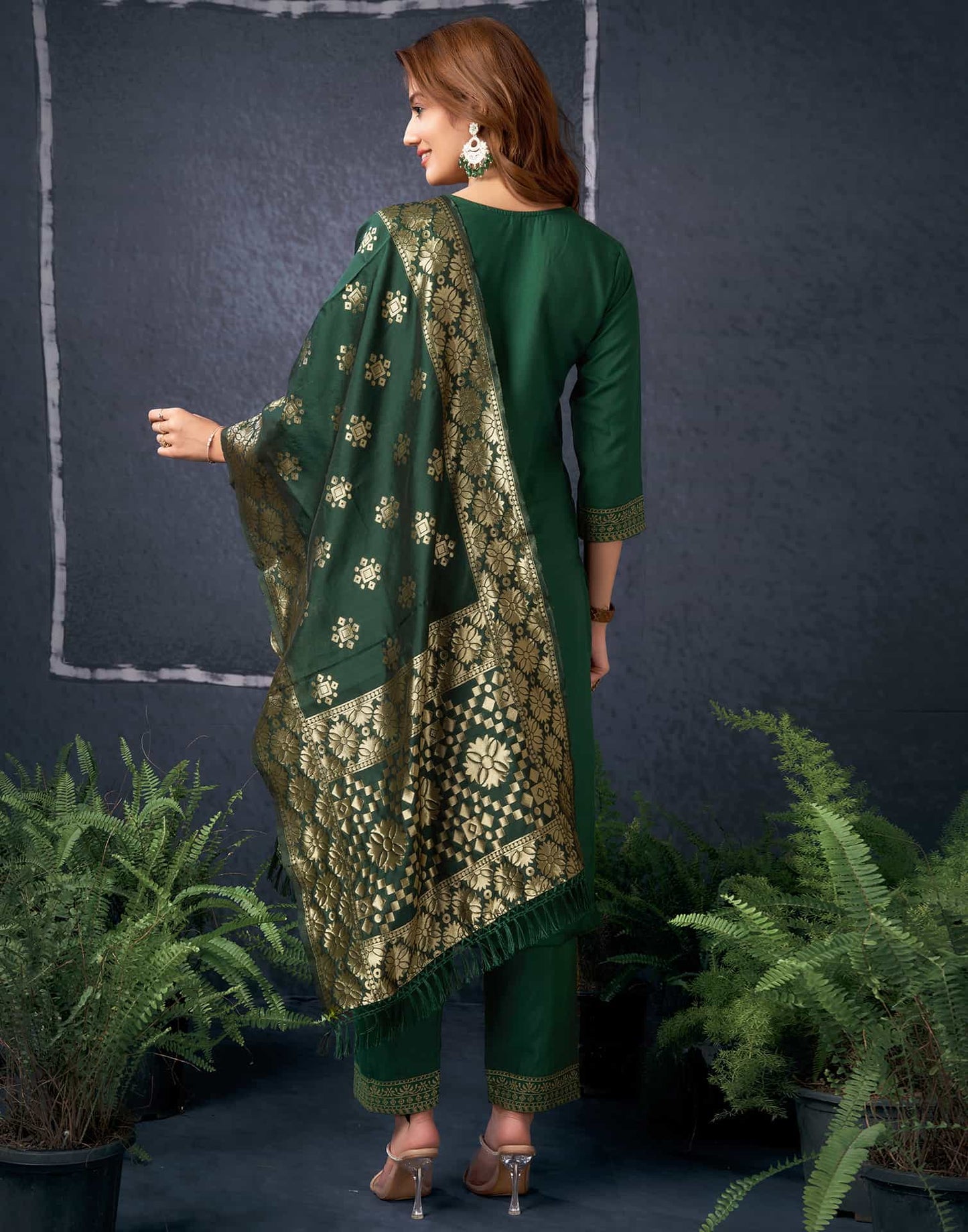 Cotton Blend Sequence Embroidery, Foil Print and Gota Lace Straight Kurta with Pant & Dupatta