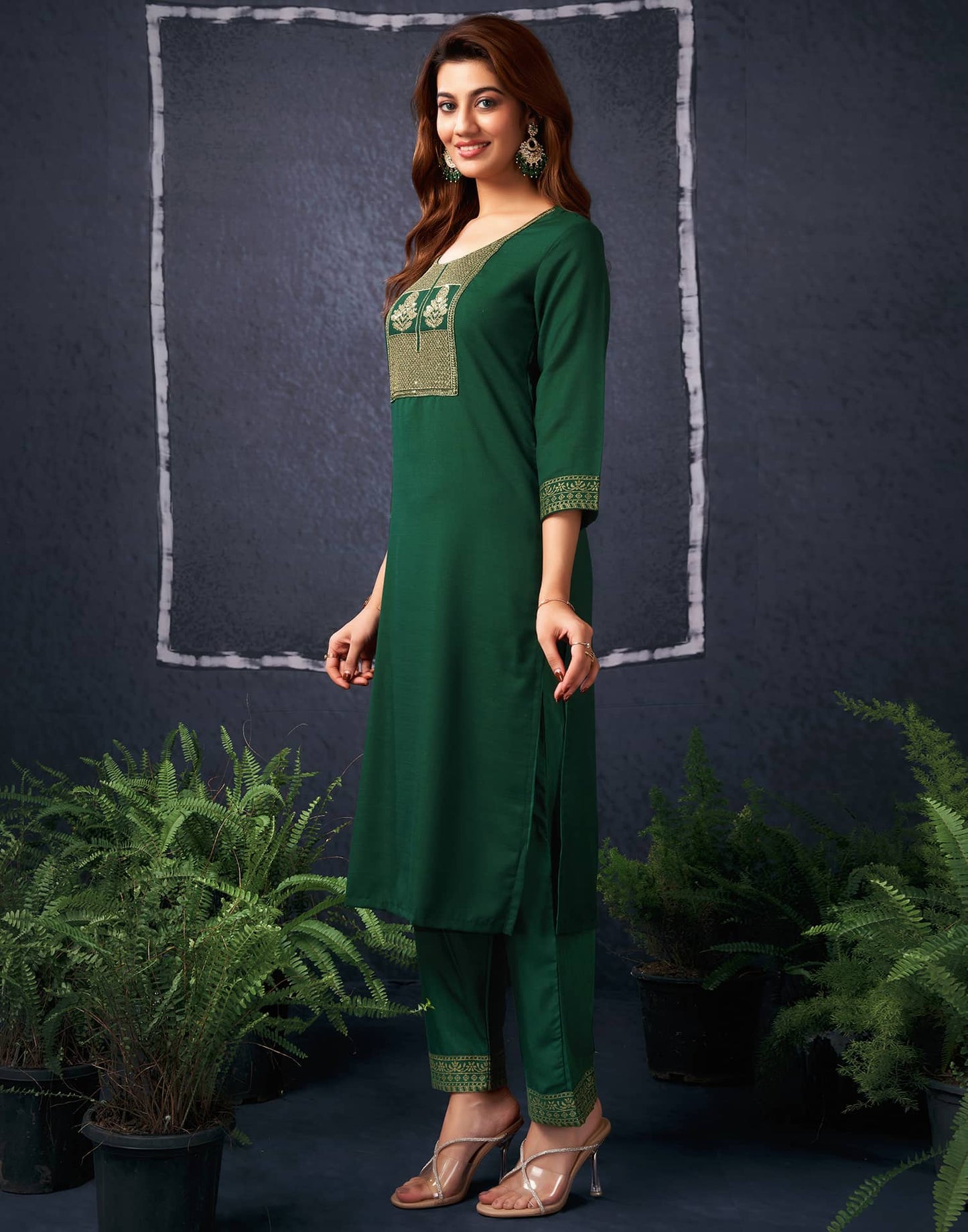 Cotton Blend Sequence Embroidery, Foil Print and Gota Lace Straight Kurta with Pant & Dupatta