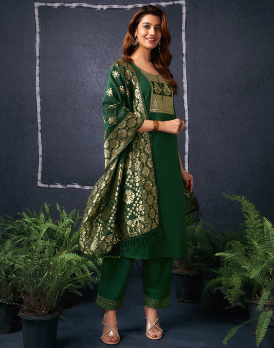 Cotton Blend Sequence Embroidery, Foil Print and Gota Lace Straight Kurta with Pant & Dupatta