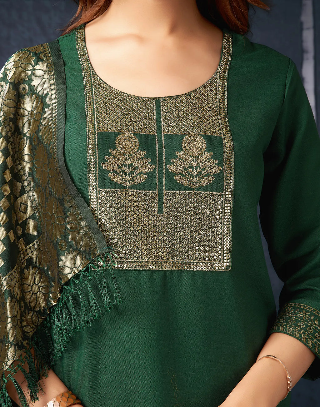Cotton Blend Embroidered Straight 3 Piece Kurta Set