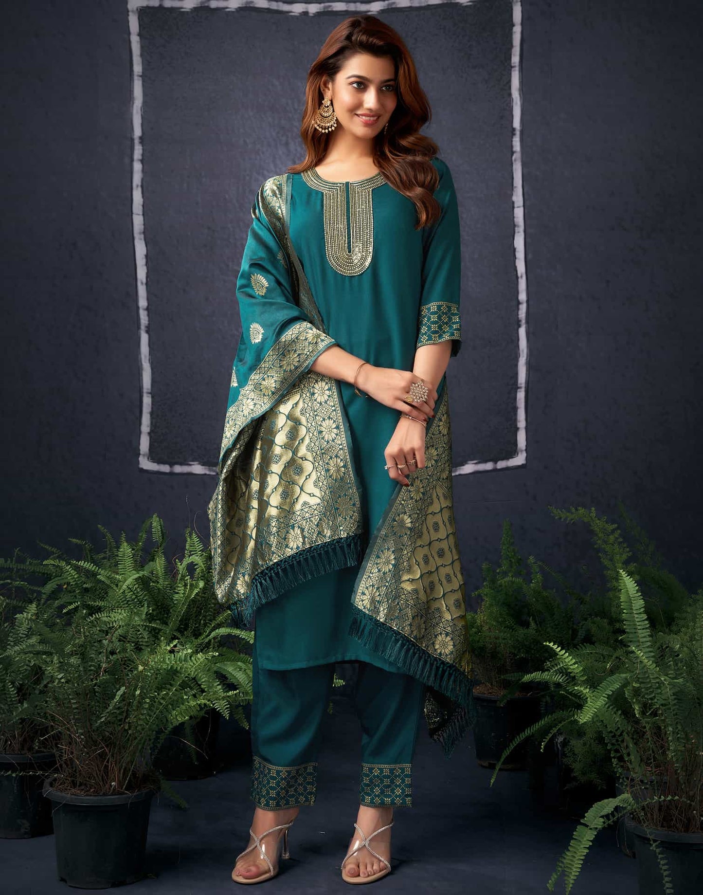 Cotton Blend Sequence Embroidery, Foil Print and Lace Straight Kurta with Pant & Dupatta