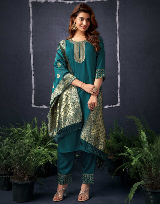 Cotton Blend Sequence Embroidery, Foil Print and Lace Straight Kurta with Pant & Dupatta