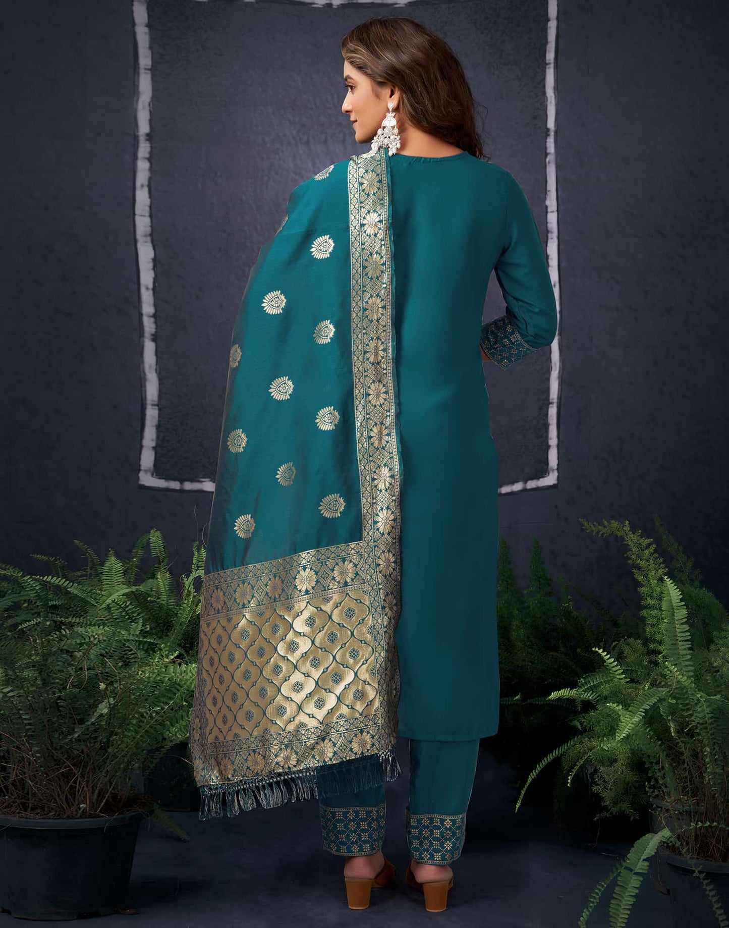 Cotton Blend Sequence Embroidery, Foil Print and Lace Straight Kurta with Pant & Dupatta